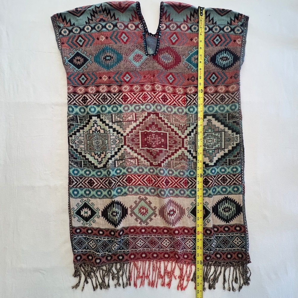 Boho Aztec Geometric Tribal Print Fringed Kaftan Poncho Tunic Top Size M/L - Picture 4 of 8